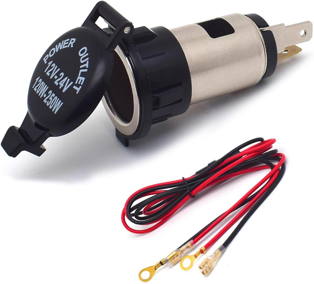 12V DC Cigarette Lighter Socket Female with 24" Wiring Harness, Waterproof and Dustproof Cover, 10A Fuse, Cigarette Lighter Replacement, Universal Power Outlet for Cars, Trucks, Boats, Motorcycles