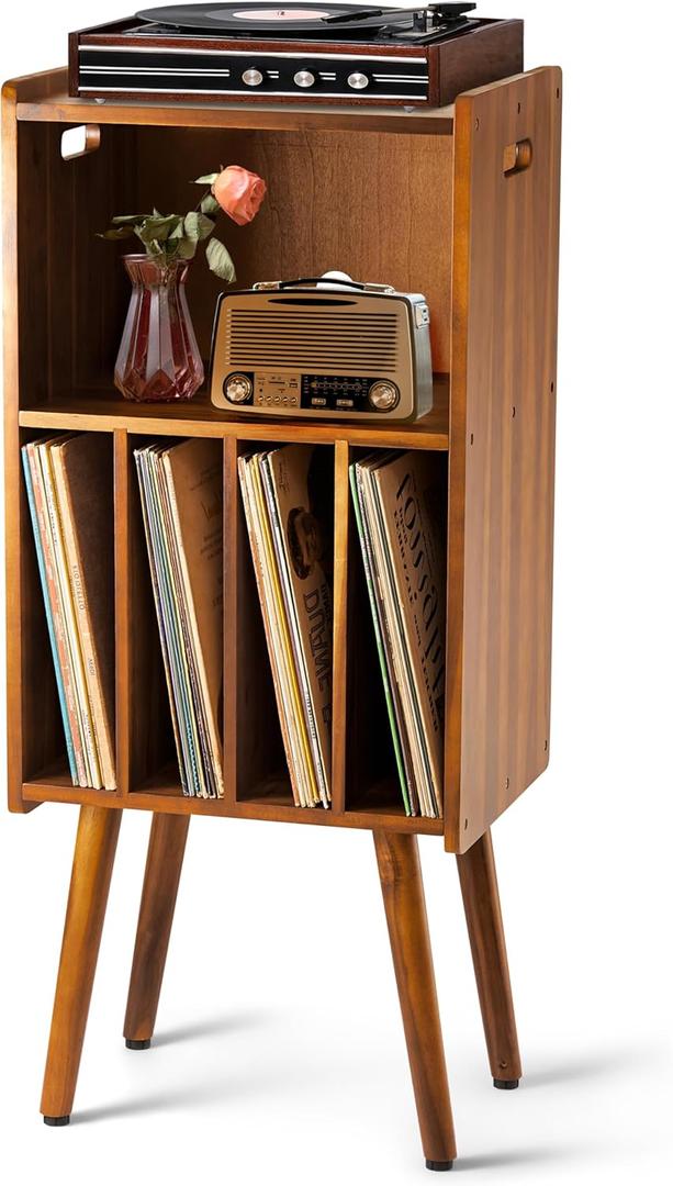 Wooden LP Record Player Stand, 3-Tier Turntable Stand Cabinet Holds up to 100 Albums, Metal Record Storage Holder and Organizer Table, Mid-Century Modern Record Player Holder for Living Room & Bedroom (Warm Acacia)