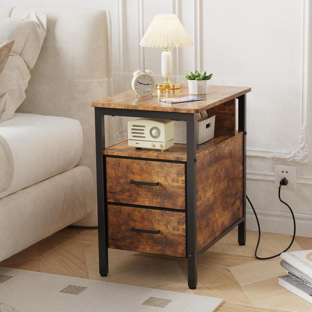 End Table with Charging Station, Narrow Side Table with 2 Fabric Drawer & Storage Shelf, USB Ports & Power Outlets, Narrow Nightstand for Bedroom Living Room and Small Spaces, Rustic Brown