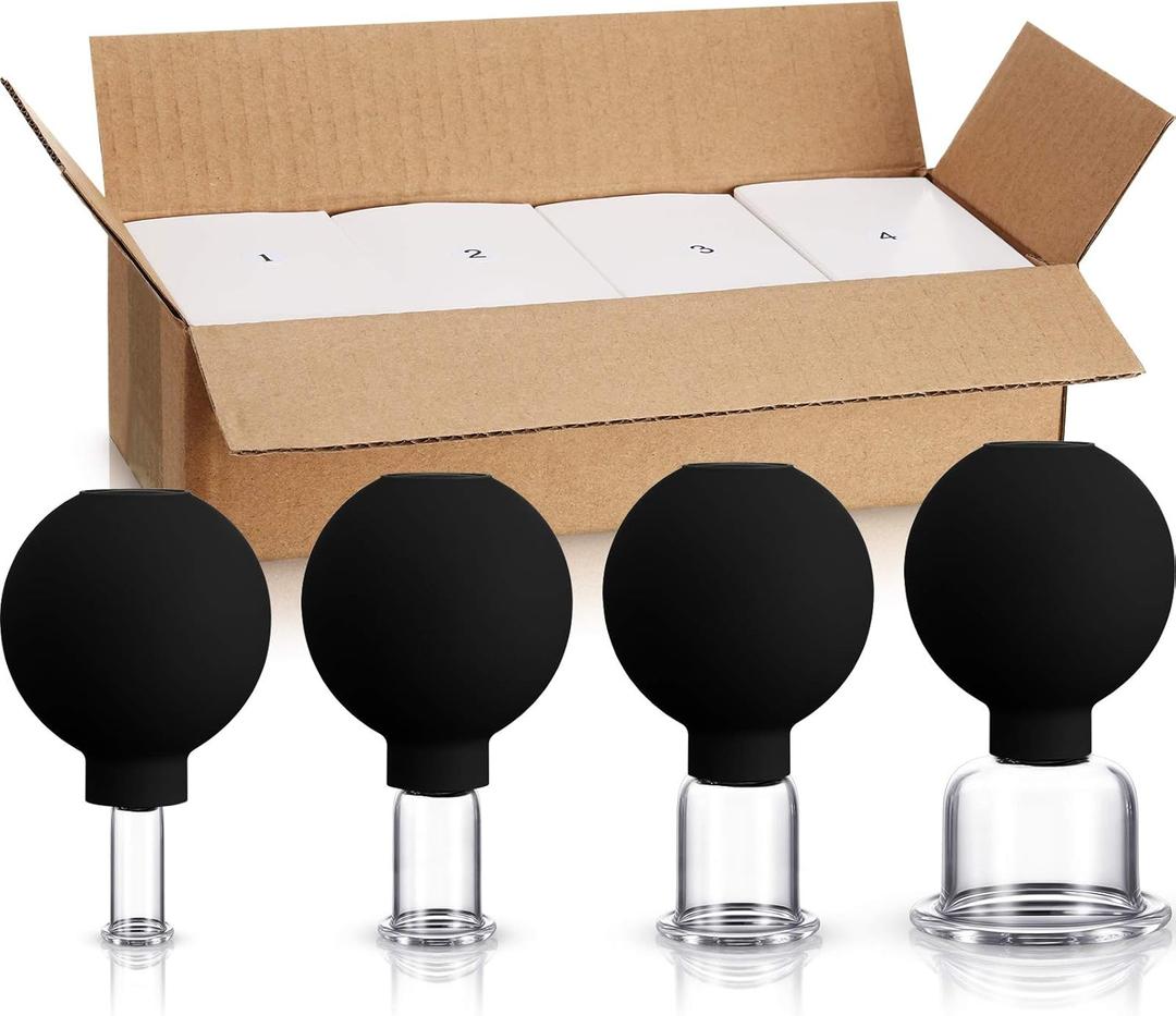 BBTO 4 Pieces Glass Cupping Set Glass Silicone Cupping Cups Massage Vacuum Suction Cupping Cups for Body Face Leg Arm Back Shoulder Muscle and Joint Pain (Black)