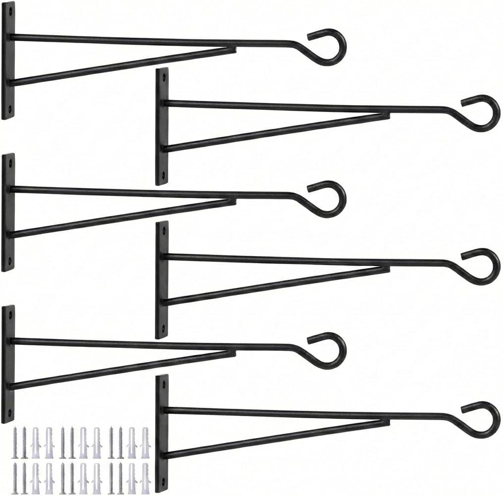 Eyrosa 8" Hanging Plant Hooks (6 Pack), Rust-Proof Metal Wall Brackets for Vertical Garden, Sturdy Plant Hangers for Outdoor Fence, Bird Feeders, Lanterns & Wind Chimes, Black Minimalist Decor