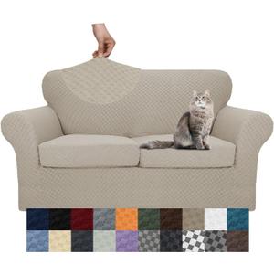 YEMYHOM Latest Checkered 3 Pieces Couch Covers for 2 Cushion Couch High Stretch Thickened Love Seat Sofa Cover for Dogs Pets Anti Slip Elastic Loveseat Slipcover Protector (Khaki), 55"-69"(2 CUSHIONS)