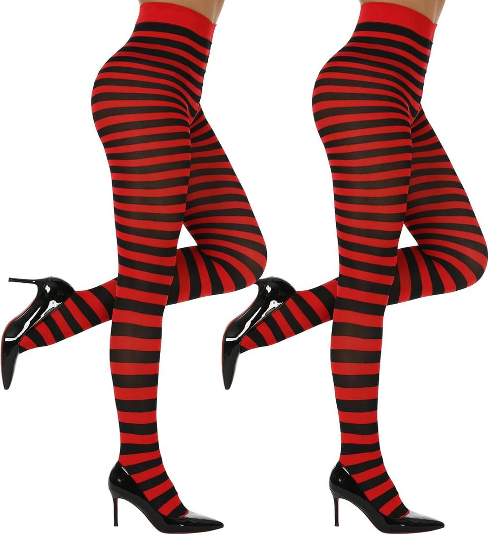 MANZI Striped Tights for Women Footed Stretchy Opaque Pantyhose for Halloween Xmas 2 Pairs (One Size, Black+red)