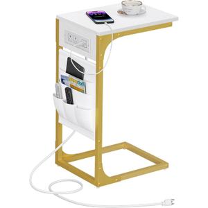 TUTOTAK C Shaped End Table with Charging Station, Side Table for Sofa, Couch Table with Storage Bag, TV Tray Table with 2 USB Ports and Outlets for Living Room, Bedroom, White and Gold TB01BWG024