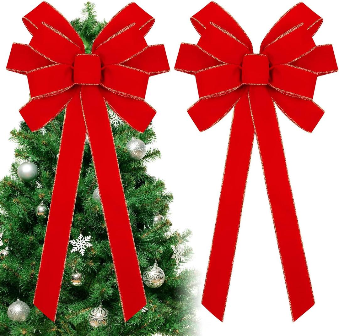 Fovths 2 Pieces Red Christmas Bows 36 x 18 Inches Large Velvet Christmas Wreath Bow with Glitter Gold Edge Christmas Tree Topper Ornament Bow for Christmas Home Indoor Outdoor Door Decor