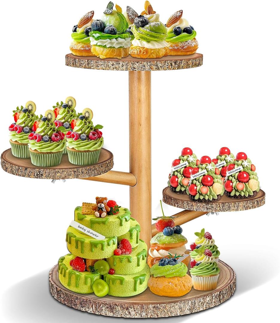 Primo Lines 4 Tier Round Wooden Cupcake Stand, Wood Cake Stand with Tiered Tray Decor, Farmhouse Cupcake Tower Dessert Stands Decor, Cupcake Display for Baby Shower Birthday Graduation Tea Party, Brown 