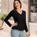Shirts for Women V Neck Pullover Women’s Long Sleeve Blouses Ruffle Fitted Elastic Work Tops Lightweight Dress Shirts for Casual Black 2XL (Black, XXL)