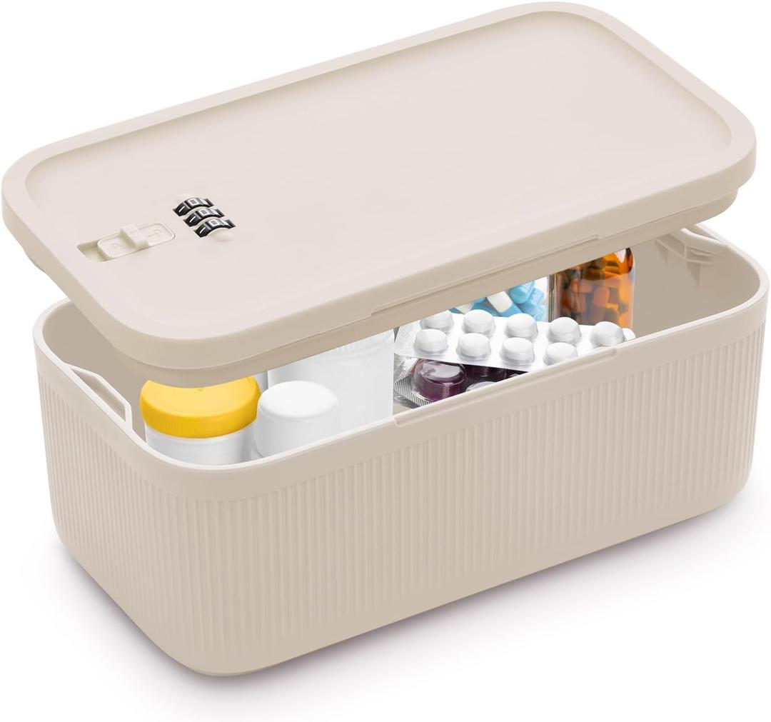 Lockable Storage Box, Small Lock Box with Combination Code for Phone/Medicine Safe/Food Home/Refrigerator/Office/Personal Items/Travel/Gift,9.25 x 5.04 x 3.62 (Beige)