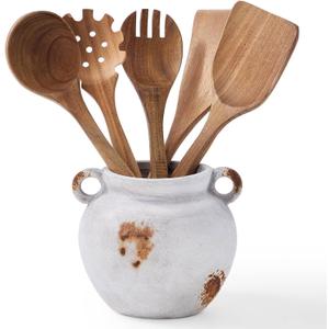 MIYUKI Rustic Kitchen Utensil Holder, Vintage Ceramic Utensil Crock with Handle, Antiquing Kitchen Countertop Organizer