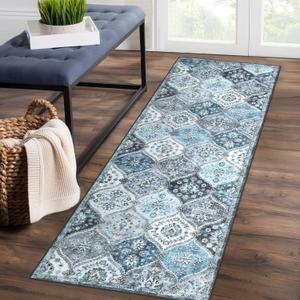 Runner Rug Washable Moroccan Trellis Hallway Runner Rug Entryway Rug, Stain Resistant Non-Slip Vintage Distressed Bedroom Rug Runner Entrance Carpet for Laundry Kitchen, Blue/Grey, 2' x 6'