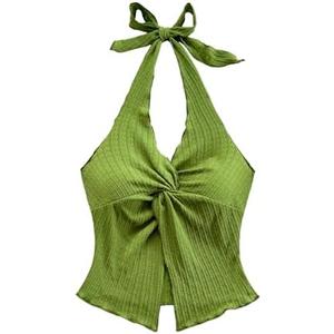 MakeMeChic Women's Backless Halter Top Twist Deep V Neck Sexy Cute Summer Tank Top L