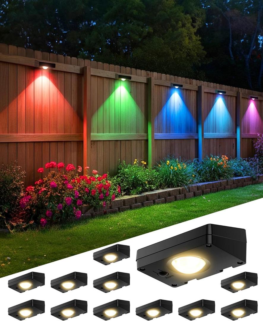Solar Fence Lights Outdoor, 10 RGB Color & 3 Light Mode Fence Lights Solar Powered for Outside Backyard, Railing, Step, Patio, Fence Post, Home Improvement Garden Decor, 12 Pack
