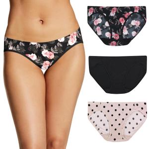 Maidenform Barely There Women's Underwear Bikini Pack, Invisible Look Panties, 3-Pack (Medium, Oil Flower/Black/Sandshell Dot Print)