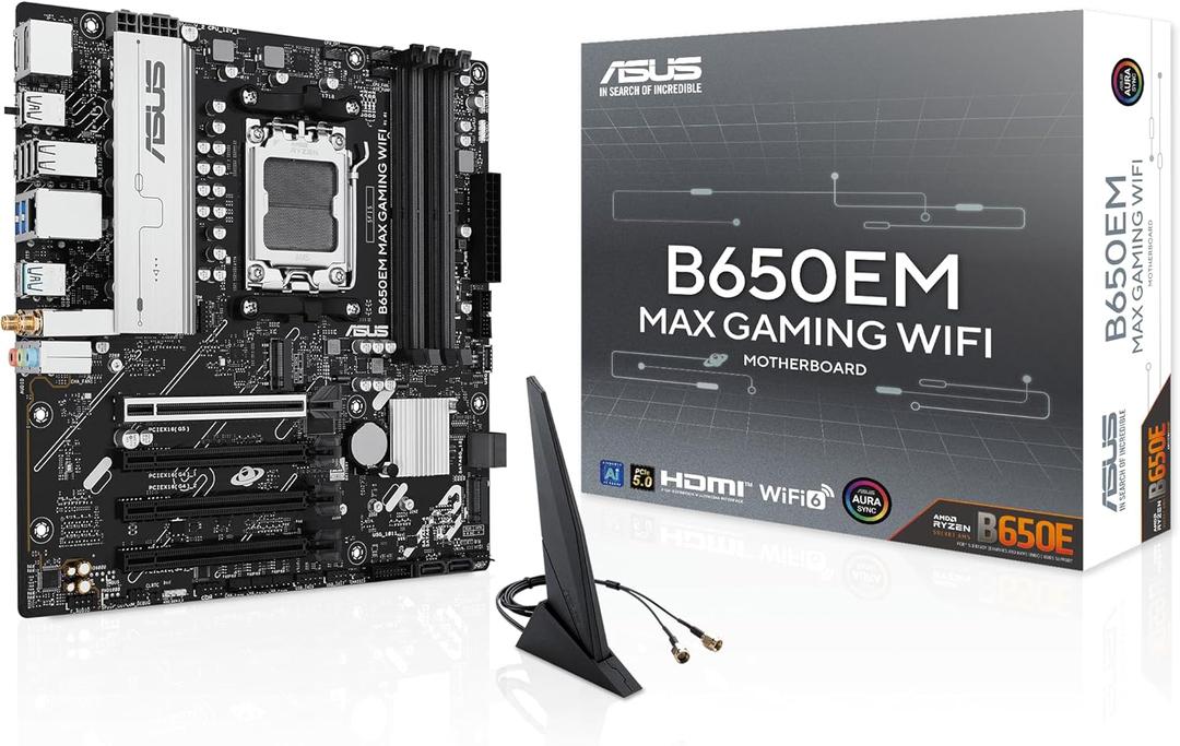 ASUS B650EM MAX Gaming WiFi AMD B650 mATX Motherboard, DDR5, PCIe 5.0 Ready, 3X M.2 Slots, WiFi6, 1Gb Ethernet, DisplayPort, HDMI, Rear USB 10Gbps Type-A & Type-C Ports, BIOS Flashback, Aura Sync