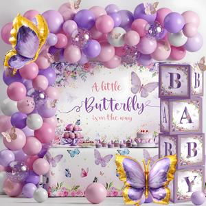 Butterfly Baby Shower Decorations for Girl Pink and Purple Balloon Arch Kit with Baby Boxes A Little Butterfly Is On The Way Backdrop Tablecloth for Girl Birthday Baby Shower Decor 118 Pcs