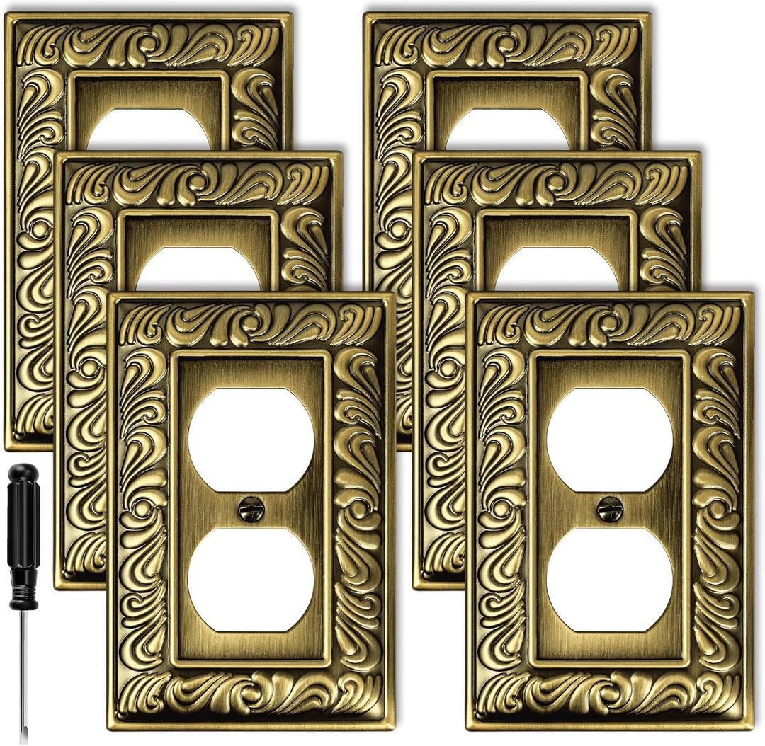 Antique Brass Duplex Outlet Cover Paisley Pattern Decorative Wall Plates for Electrical Outlet, Metal Switch Plates and Receptacle Cover for Kitchen Bathroom (1 Gang Duplex Outlet-6 Pack)
