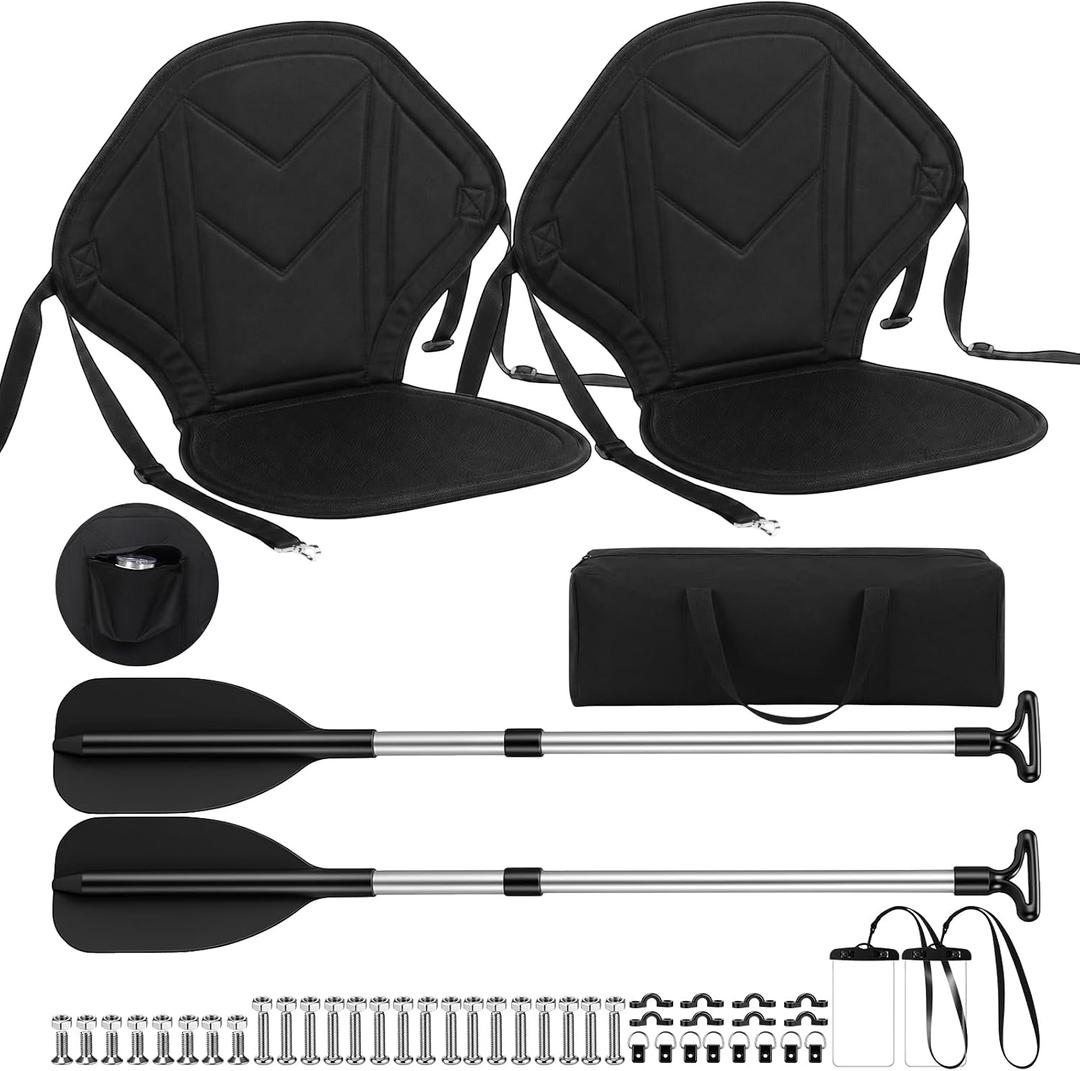 2 Pack Kayak Seats with Back Support and 2 Telescoping Paddles Kayak Seat and Paddle Set with 2 Phone Pouches and Storage Bag Adjustable Padded Seats for Canoe, Fishing Boat
