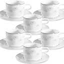 fanquare 7 Ounces Bone China Teacup and Saucer Set for 6, Silver Trimmed Peony Floral Porcelain Coffee Cup with Anti-Slip Design for Home Office Wedding