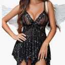 Avidlove Lingerie for Women Lace Babydoll Sleepwear Boudoir Outfits Plus Size Langeray, (Black, Large)