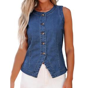 luvamia Jean Vest for Women Denim Strechy Button Down Crewneck Top Casual Summer Sleeveless Denim Vest Women Western Outfit Waistcoat Classic Blue Small US Size 4 Size 6, Size S
