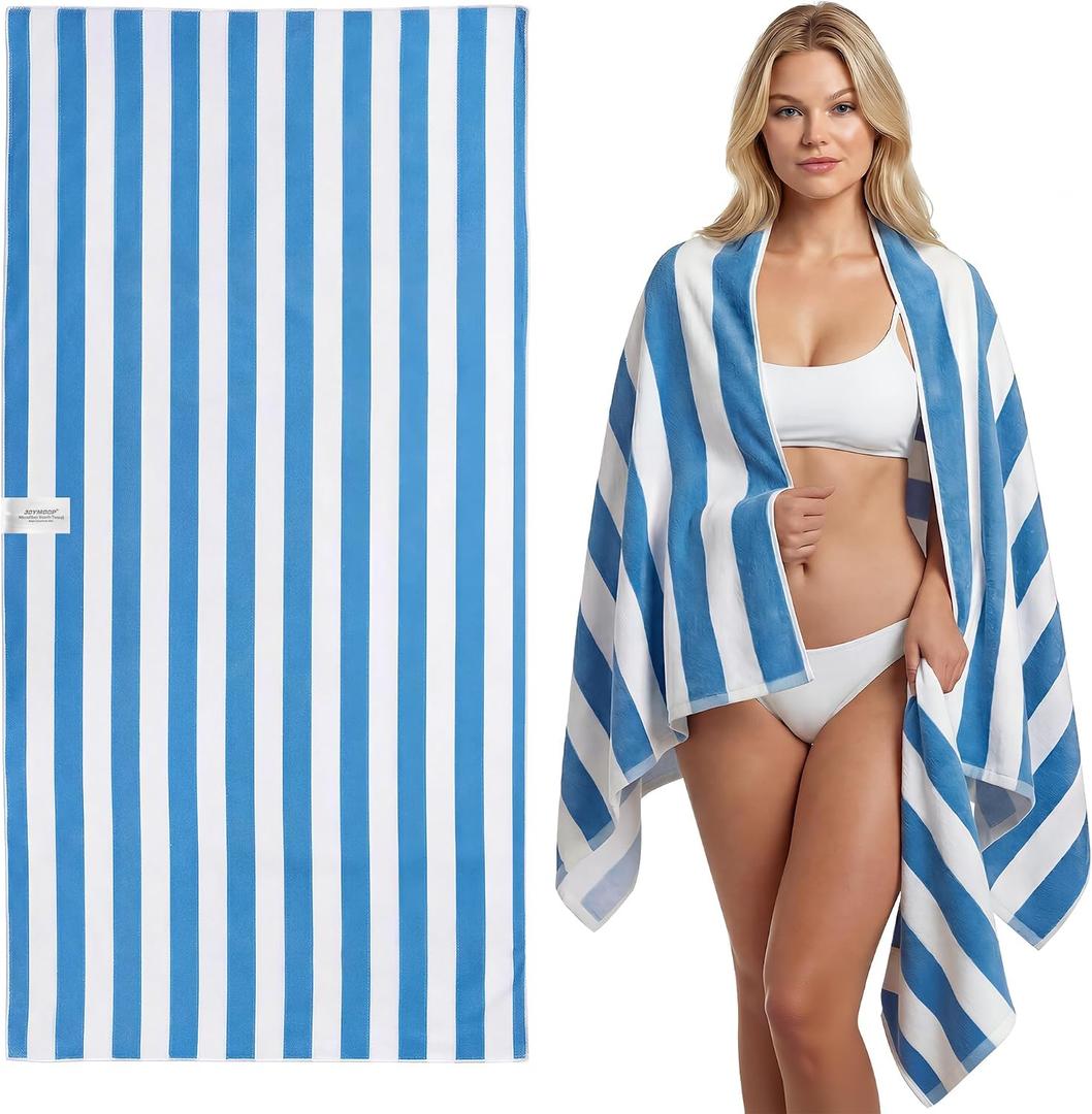 JOYMOOP Large Beach Towel with Storage Bag-3 PCS, 70 x 35.4 Highly Absorbent Cabana Stripe Beach Towel, Quick Dry Beach Towel, Sand Free & Lightweight Towel Set, Blue & White