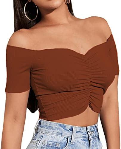 LYANER Women's Off Shoulder Ruched Short Sleeve Rib Knit Sexy Crop Top Blouse, Solid Black, Large
