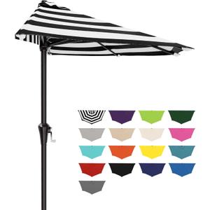 AreShark 9FT Half Patio Umbrella, Outdoor Wall Umbrella with Crank & 5 Sturdy Ribs, Table 1/2 Umbrella Patio for Garden, Deck, Balcony and Pool, Black & White Stripe