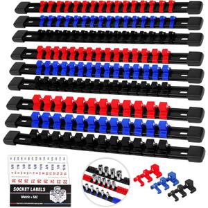 Socket Organizer Holder Tool Box: 9-Piece Socket Holders 1/4 X 48 Clips 3/8 X 45 Clips 1/2 X 36 Clips Socket Rail Heavy Duty Holder w Socket Labels Socket Organizer for Tool Box Drawer(Red&Blue&Black)