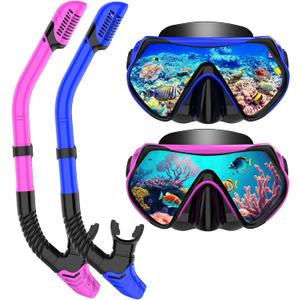 Snorkeling Gear for Adults, Snorkel Set Scuba Diving mask Dry-Top, Adult Swimming Goggles with Nose Cover, HD Tempered Glass Panoramic Anti-Leak Anti-Fog (Purple+Blue)
