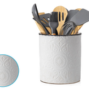 Comfify Large Ceramic Kitchen Utensil Holder with Vintage Farmhouse Floral Pattern – Elegant White Decorative Crock for Countertop Organization – Organizer for Tools, Spatulas, Spoons & More