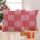 JELLYMONI Pack of 2 Decorative Plaid Linen Throw Pillow Covers Farmhouse Christmas Pillowcovers Rustic Woven Textured Boho Pillowcase for Sofa Couch Bed (Red, 16x16in)