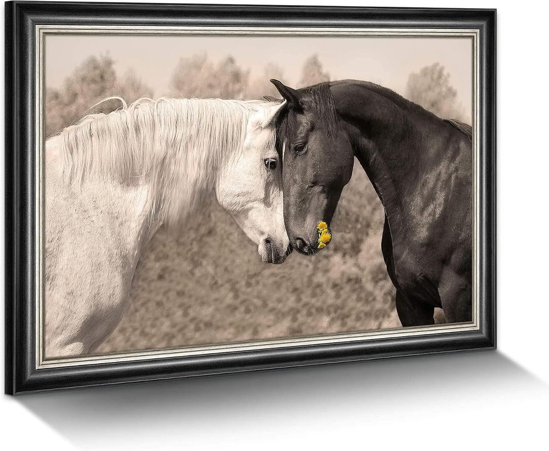 Farm Horse Canvas Wall Art: Large Framed Black and White Horses Portrait Prints Friendly Couple Steeds Picture Nature Ranch Animals Head Painting Horizontal Sweet Wildlife Artwork for Living Room