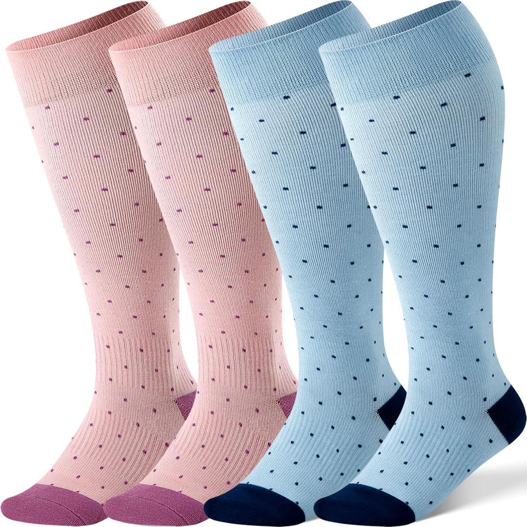 2 Pairs Bamboo Plus Size Compression Socks Wide Calf for Women and Men 15-20 mmHg Knee High Support Stockings for Circulation (XX-Large, L3- Dots Blue/Pink)