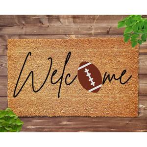 Football Doormat, 16x24 Inch, Brown, Green, Modern, Water Resistant, Braided, Letter Print, Machine Washable
