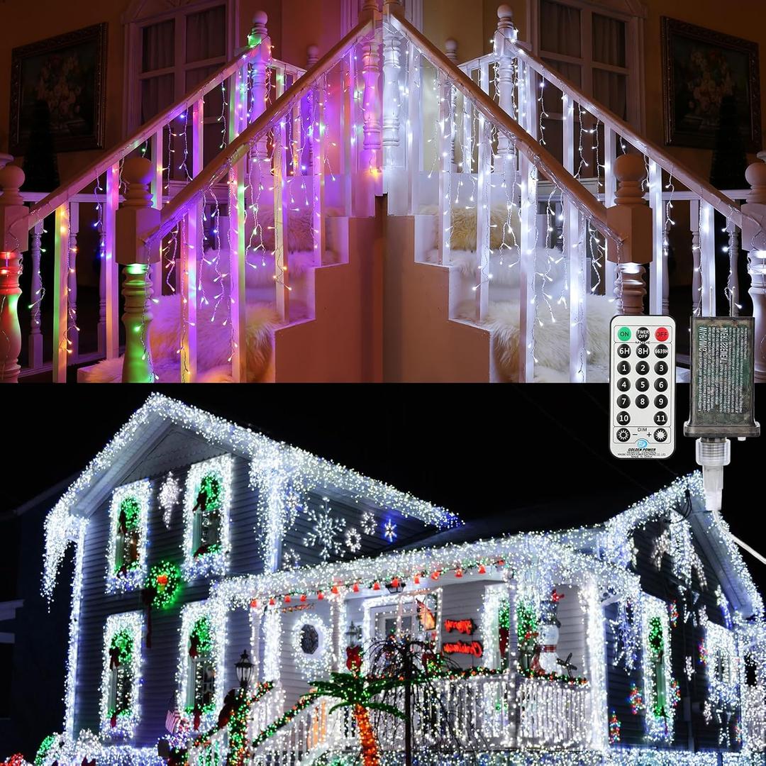 Brizled Color Changing Icicle Lights, 29ft 360 LED Christmas Icicle Lights with Remote, 11 Modes Cool White & Multicolor Xmas Lights for Xmas Wedding Home