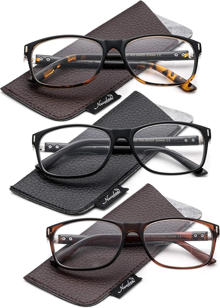 Newbee Fashion 3 Value Pack Bifocal Reading Glasses Rectangle Frame Unisex Bi Focal Reading Glasses 1.50 with Pouches