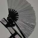 Fumwase Glitter Large Rave Fan Rave Hand Fan for Men Women Rave Accessories for Women with Leg Strap and Fabric Case Bag for Music Festival Weddings Performance Decoration (Silver)