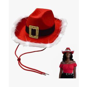 Nicky Bigs Novelties Adult Light Up Santa Claus Christmas Cowboy Hat - Light Up LED Lights Cowgirl Hats - Holiday Western Costume Accessory, Red White, One Size