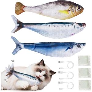 Cat Toys Flopping Fish 3 Pack Rechargeable Cat Toys Interactive for Indoor Exercise with Catnip, Moving Cat Toy 3 Flapping Mode 7.1 Inches Electric Realistic Plush Wiggle Fish