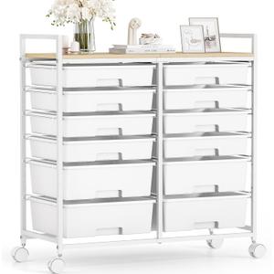 Rolling Storage Cart with 12 Drawers, Wooden Tabletop Utility Cart for Craft Storage, Art Supply Storage & Home Office Organization, Teacher Cart with Wheels for Classroom, School , White