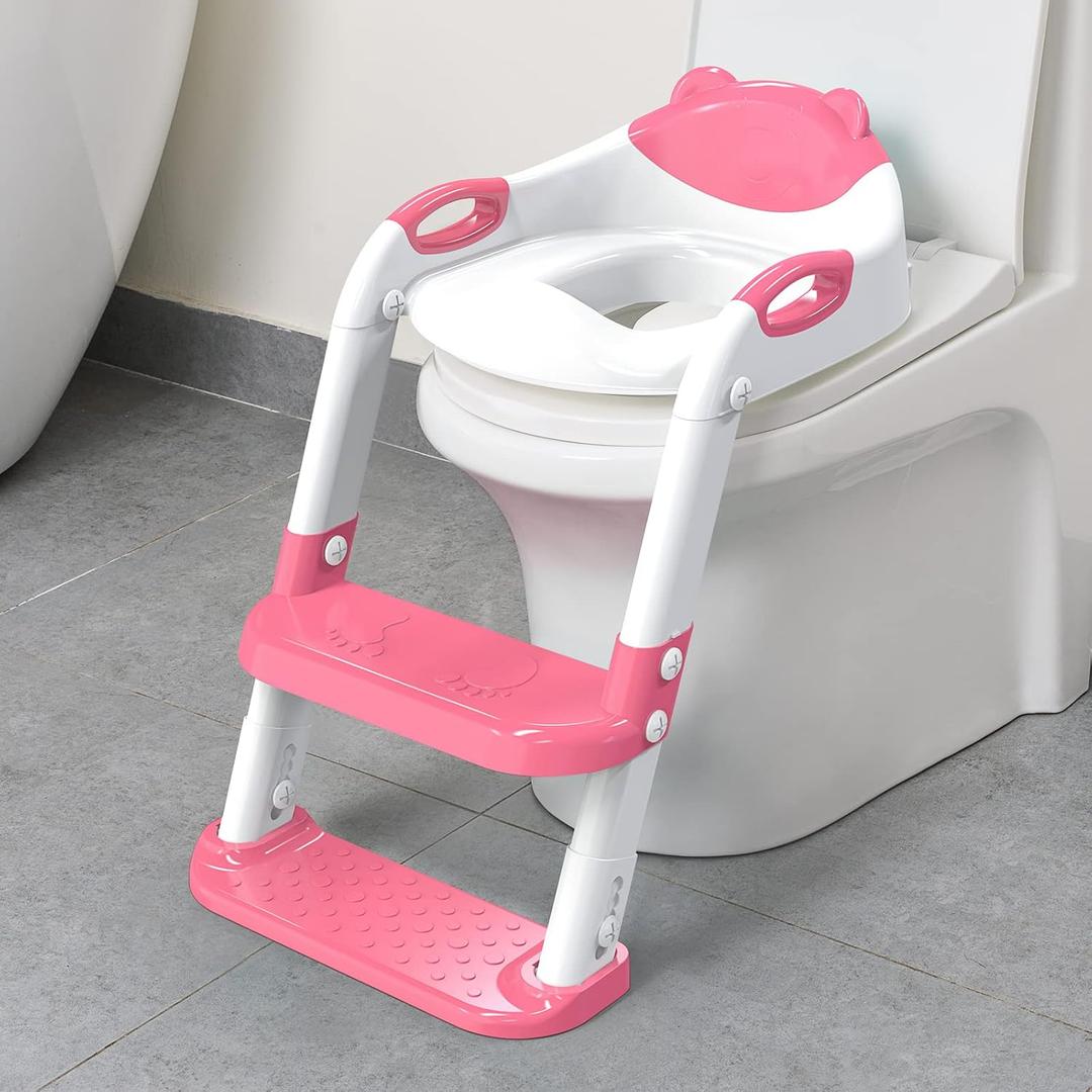 Potty Training Seat SKYROKU Potty Training Toilet with Step Stool Ladder, for Kids Boys Girls Toddlers - Comfortable Safe Potty Seat with Anti-Slip Pads Ladder (8838+Pink)