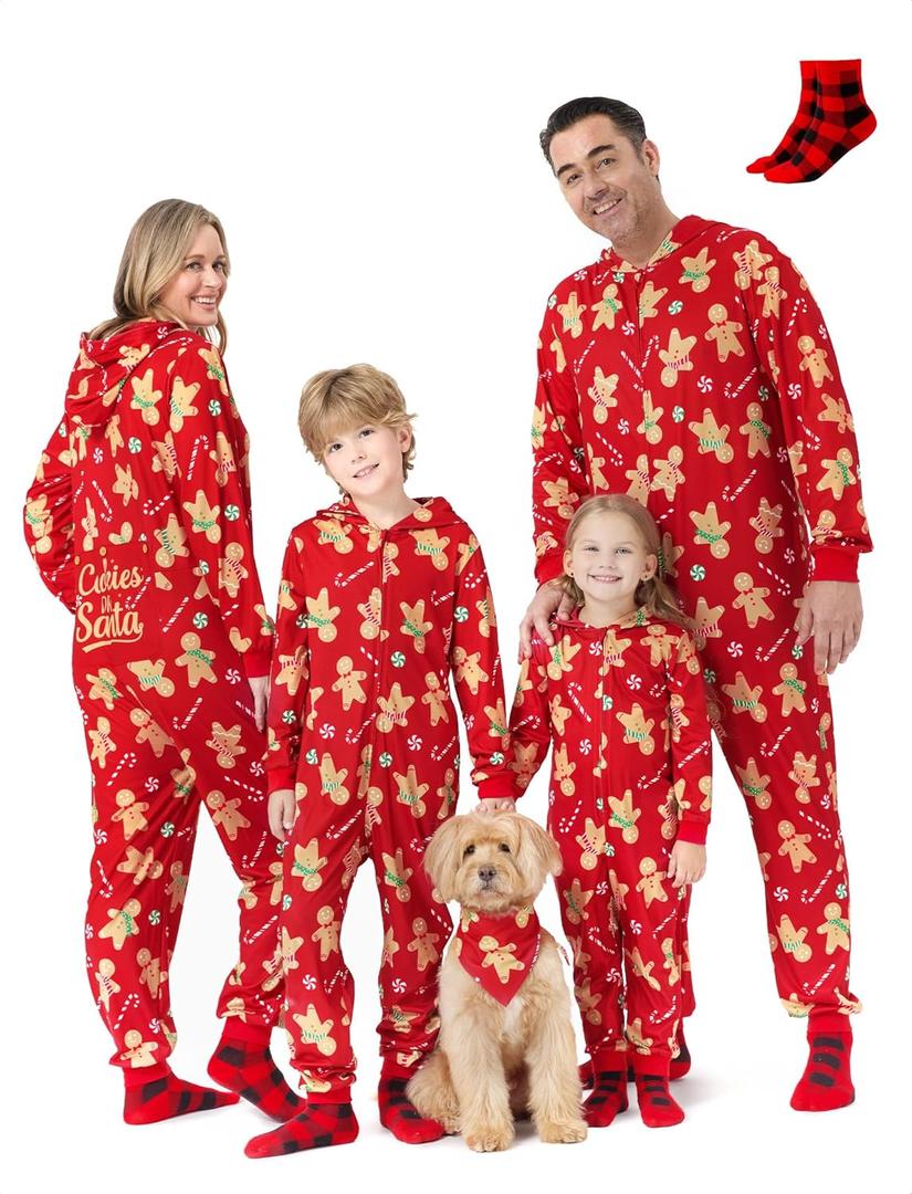 PATPAT Matching Family Christmas Onesie Pajamas  Holiday Hooded Jumpsuit Sleepwear PJs Couples Xmas Loungewear with Socks (Medium, Red Gingerbread)