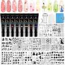 Biutee Nail Stamping Kit 15Pcs Nail Art Stamping Plate Set 8 Colors Nail Stamping Gel Polish, Nail Stamper and Scraper with Storage Bag, Nail Stamper Kit Flower Leaves Star Template Design