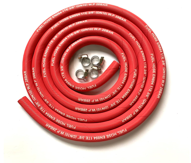 10FT Fuel Line Hose 10mm 3/8" inch,6AN High Pressure Hose,2.8Mpa 400PSI for Fuel Systems Engines Tube Hose Multiple Size Options,Implementation Standards:EN854,Red (Attached Hose Clamp)