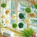 Paper Flower Garland, Saga Green, Light Beige and Cream Color Tissue Paper Flowers Party Decorations, Paper Flowers for Baby Shower, Garden Party, Wedding, Wall Decor, Spring Summer Decor (2 Pcs)