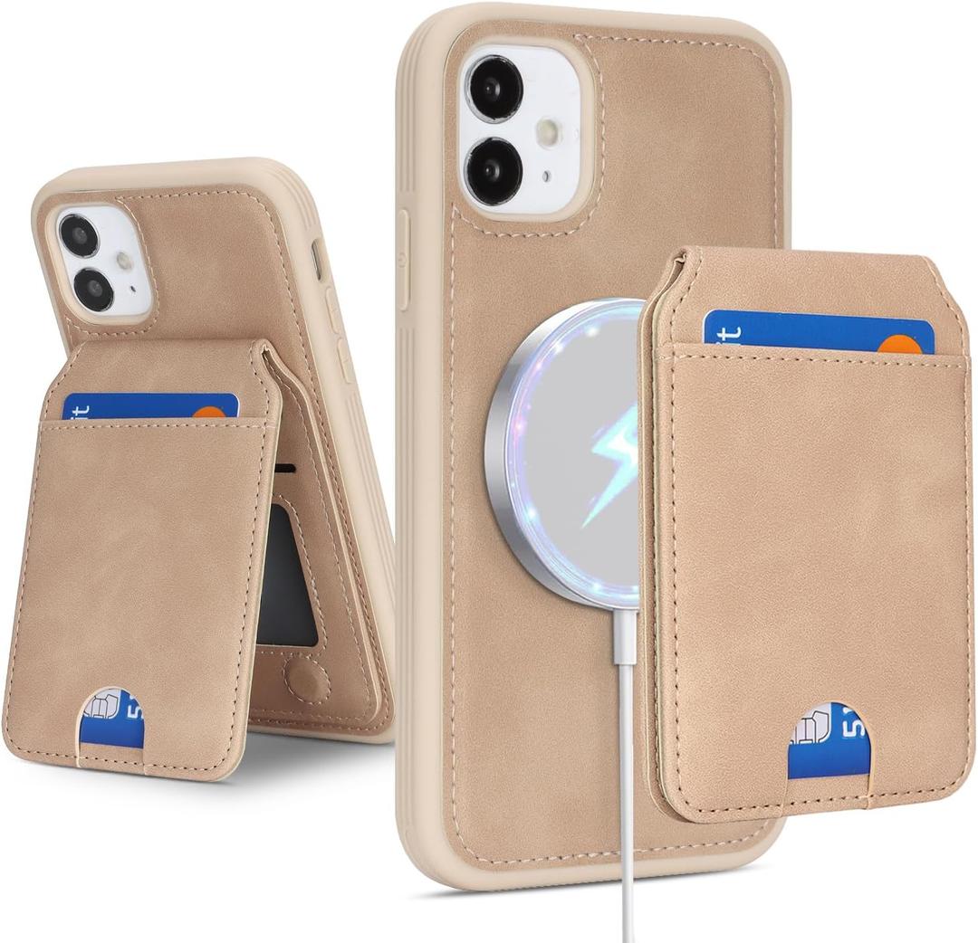for iPhone 11 Case Compatible MagSafe Wallet with Card Holder - Detachable 2 in 1 Magnetic Stand Cover - Wireless Charging Credit Card Slots for Men Women-Beige