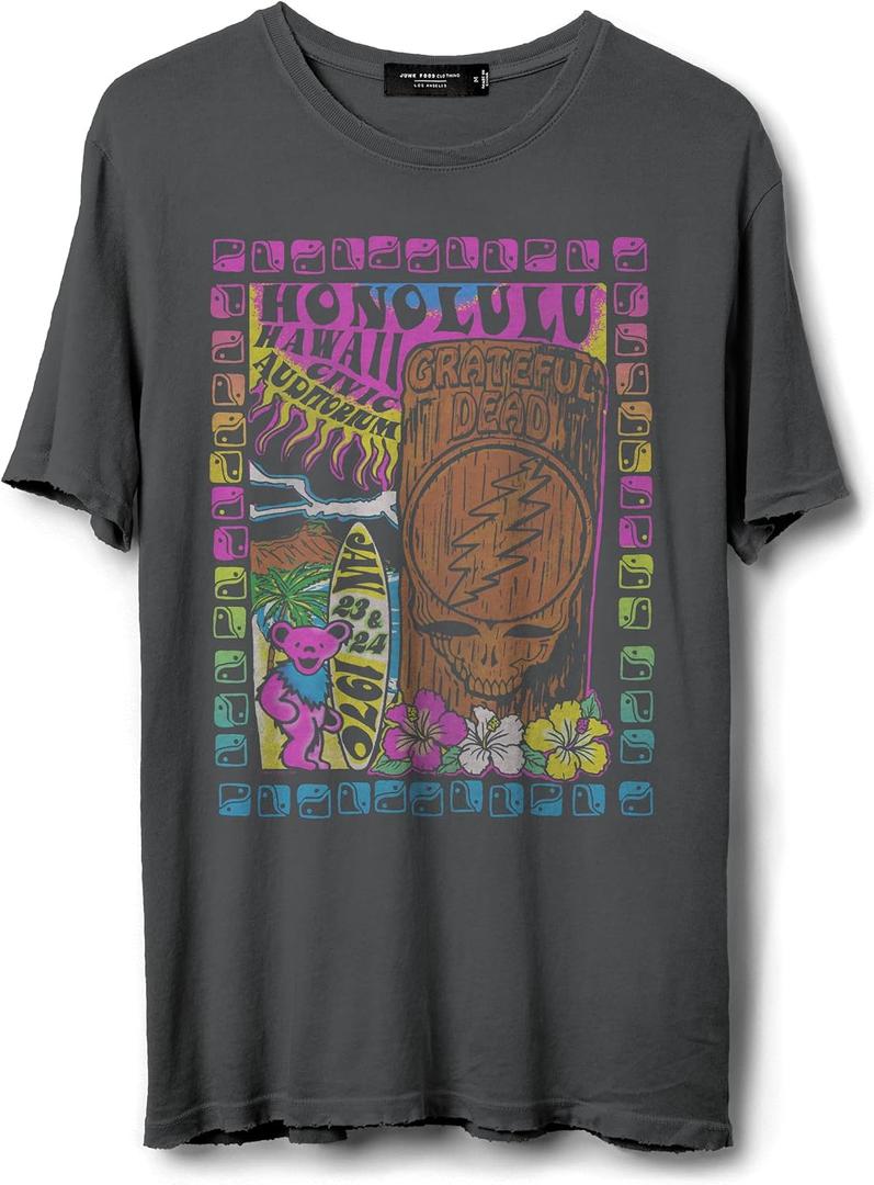 Junk Food Unisex Adult Grateful Dead Tiki Vintage Black T-Shirt (Gray, XS)