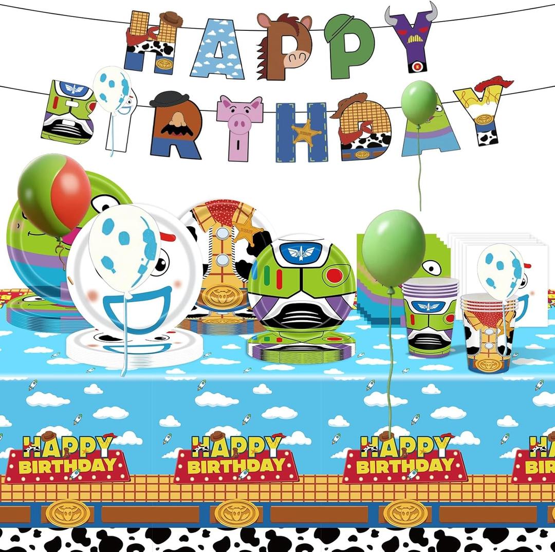 104 pcs Cartoon Story Birthday Party Supplies Animal Birthday Party Decorations include Paper Plates Napkins Cups Tablecloth and Banner for Kids Decor, Serve 24 Guests.
