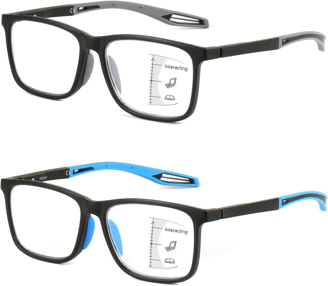 Missfive 2 Pack Upgraded Bend-Proof Multifocus Progressive Reading Glasses Men, TR90 Sporty Frame & Metal Spring Hinge (1.25 x, Progressivetop Not Zeroblack/Blue, 1.25 x)