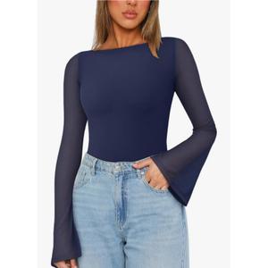 REORIA Women's Trendy Sexy Boat Neck Bell Sleeve Sheer Mesh Going Out Bodysuit Tops M